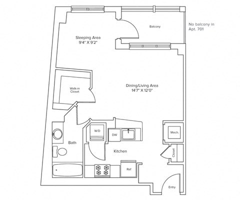 Floor plan for studio, 1 bath, 569 sqft